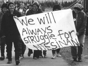 Innu women demonstrate in the mid-1980s against NATO overflights and for self-determination for their homeland which they call Nitassinan.