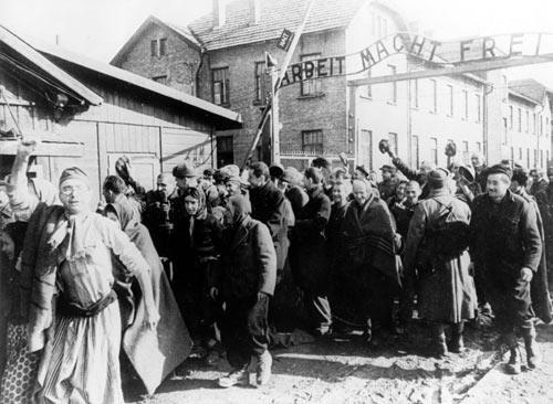 Prisoners at the Nazis' Auschwitz concentration camp are liberated by the Red Army,  January 27, 1945.