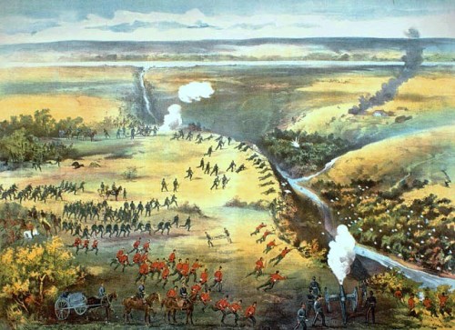The Battle of Fish Creek (also known as the Battle of Tourond's Coulée ), fought April 24, 1885 at Fish Creek, Saskatchewan, was a major Métis victory over the colonial forces attempting to quell Louis Riel's North-West Rebellion. Although the reversal was not decisive enough to alter the ultimate outcome of the conflict, it was convincing enough to persuade Sir Major General Frederick Middleton to temporarily halt his advance on Batoche, where the Métis would later make their final stand. Middleton was the newly-appointed British head of the colonial militia (1884-1890); he had just completed his 10th year as Commandant and Secretary of the Royal Military College at Sandhurst and had fought in India, Burma and New Zealand. Middleton is knighted by Queen Victoria and paid a bonus of $20,000 by Parliament for his crimes. | Lithograth by Fred Curzon, 1885, Archives Canada