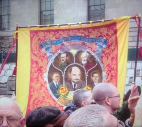 Delegation of the Durham Miners Association outside the GPO in Dublin with the Follonsby banner featuring James Connolly and V.I. Lenin