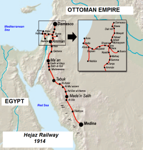The Hejaz Railway was a narrow gauge railway that ran from Damascus to Medina, through the Hejaz region of Saudi Arabia, with a branch line to Haifa on the Mediterranean Sea. It was built with support from the British Empire, and threatened British positions on the Red Sea. (Click to enlarge)