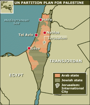 Map 1: 1947 UN Partition of Palestine. Under the UN Partition Plan the Jews received 55 per cent of the country (including both Tel Aviv/Jaffa and Haifa port cities, the Sea of Galilee and the resource-rich Negev) although they accounted for only a third of the population (548,000 out of 1,750,000) and owned only six per cent of the land.
